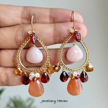Charger l'image dans la galerie, Peach moonstone, pink opal, citrine, garnet chandelier earrings