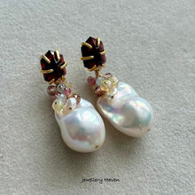 Load image into Gallery viewer, Baroque pearl and garnet stud earrings