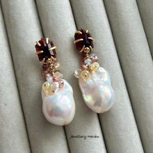 Load image into Gallery viewer, Baroque pearl and garnet stud earrings