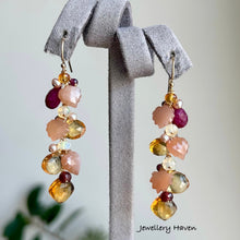 Load image into Gallery viewer, Reserved for J … Leaf peach moonstone, citrine and ruby earrings
