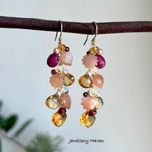 Load image into Gallery viewer, Reserved for J … Leaf peach moonstone, citrine and ruby earrings
