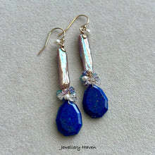 Load image into Gallery viewer, Lapis lazuli and elongated rectangular pearl earrings