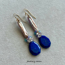 Load image into Gallery viewer, Lapis lazuli and elongated rectangular pearl earrings