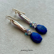 Load image into Gallery viewer, Lapis lazuli and elongated rectangular pearl earrings