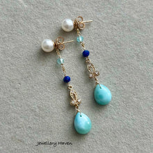 画像をギャラリービューアに読み込む, Larimar and round pearl studs earrings (detachable style)