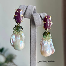 Load image into Gallery viewer, Rainbow iridescent white baroque pearl and ruby stud earrings