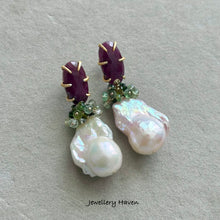 Load image into Gallery viewer, Rainbow iridescent white baroque pearl and ruby stud earrings
