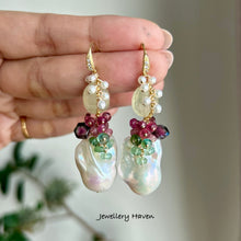 Load image into Gallery viewer, Baroque pearl, prehnite and tourmaline earrings