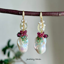 Load image into Gallery viewer, Baroque pearl, prehnite and tourmaline earrings