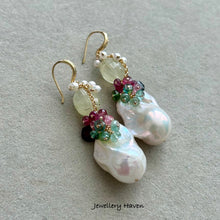Load image into Gallery viewer, Baroque pearl, prehnite and tourmaline earrings