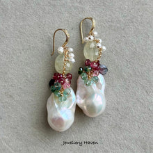 Load image into Gallery viewer, Baroque pearl, prehnite and tourmaline earrings