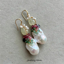 Load image into Gallery viewer, Baroque pearl, prehnite and tourmaline earrings