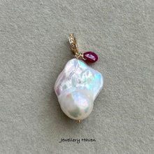Laden Sie das Bild in den Galerie-Viewer, Reserved … Rainbow iridescent baroque pearl and ruby pendant