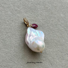 Laden Sie das Bild in den Galerie-Viewer, Reserved … Rainbow iridescent baroque pearl and ruby pendant