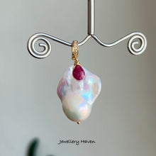 Laden Sie das Bild in den Galerie-Viewer, Reserved … Rainbow iridescent baroque pearl and ruby pendant