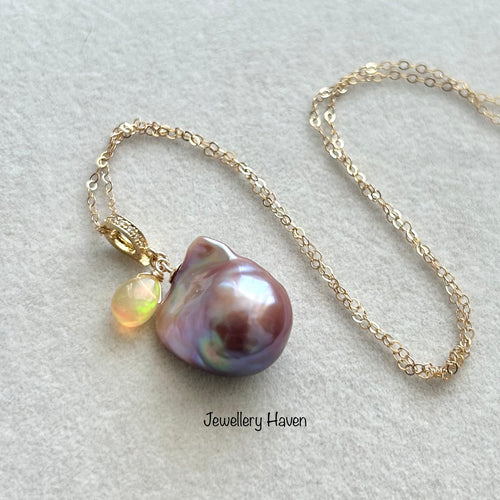 Metallic iridescent purplish baroque pearl and Ethiopian opal necklace