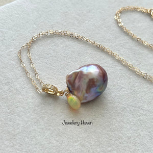 Metallic iridescent purplish baroque pearl and Ethiopian opal necklace