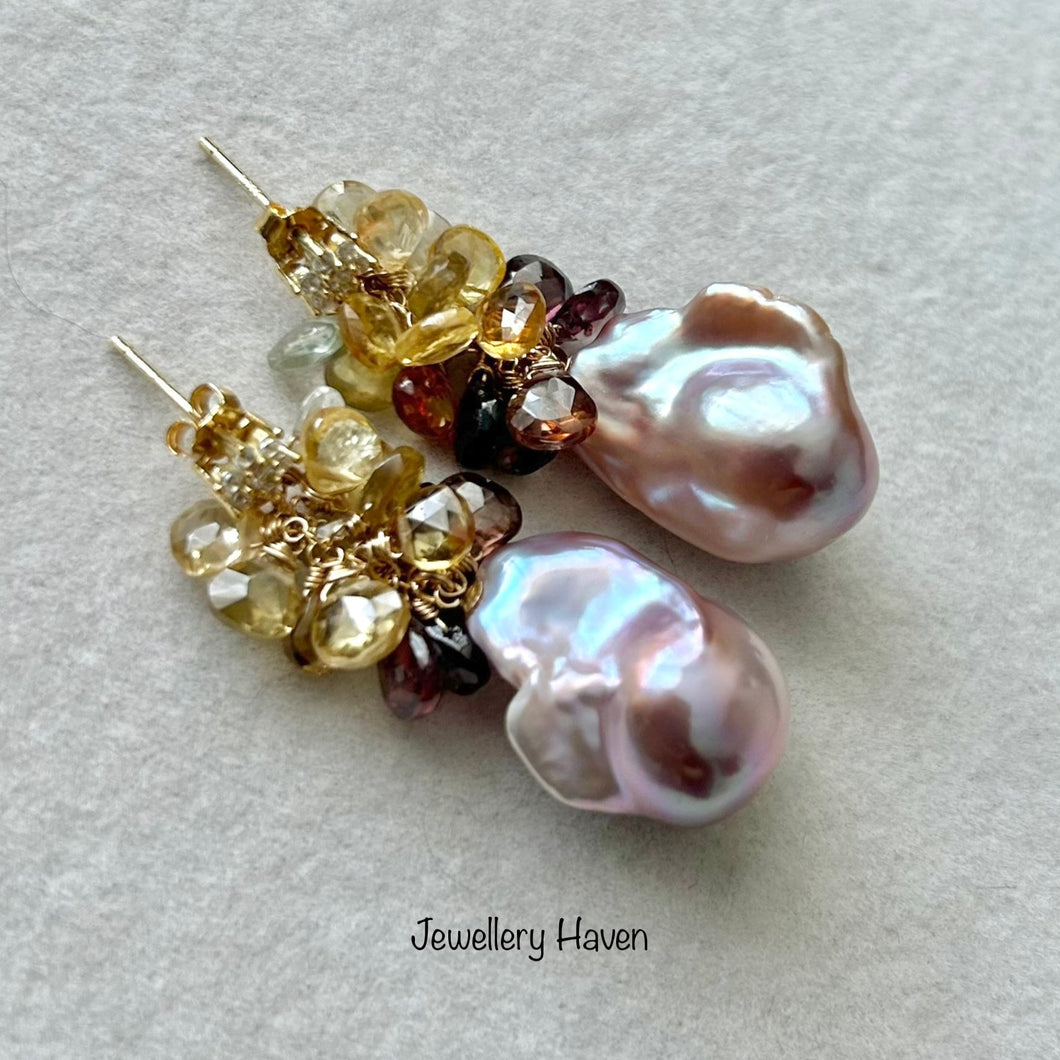 Purplish Baroque pearl with zircon cluster earrings #1