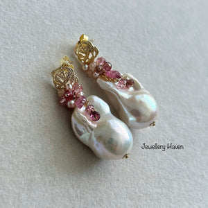 Rainbow iridescent white baroque pearl earrings
