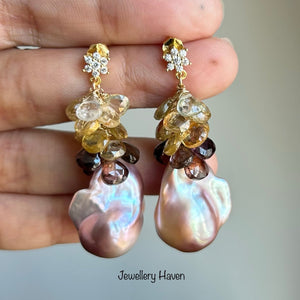 Purplish Baroque pearl with zircon cluster earrings #1