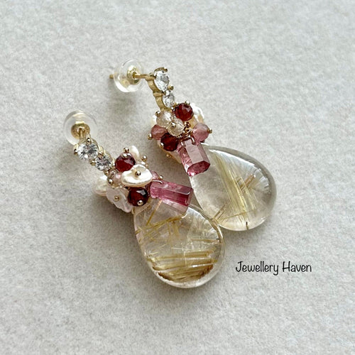 Golden rutilated quartz, pink tourmaline earrings